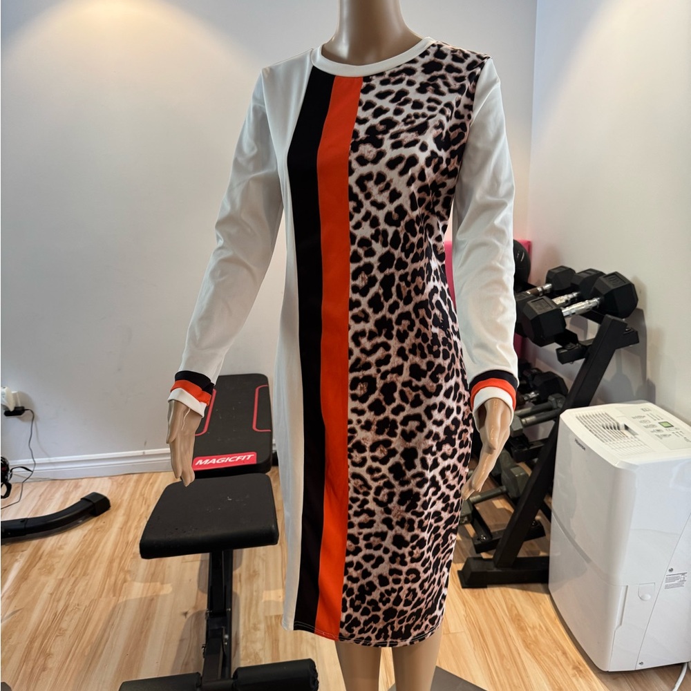 Magic White and Cream Sheath Dress with Cuffed Long Sleeves